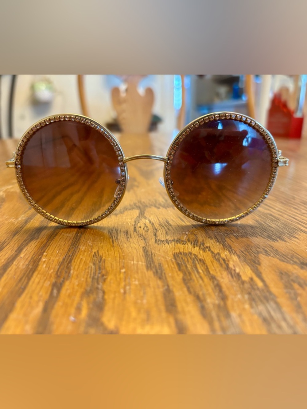 Gold Round Sunglasses with Brown Lenses and Rhinestone Accent